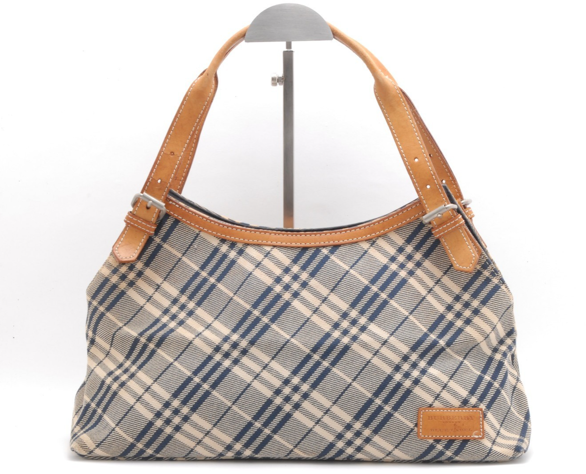 美品Burberry Blue Label Shoulder Bag Check Burberry Blue Label Check Canvas Shoulder Bag Beige Navy Leather