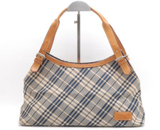 Burberry Blue Label Check Canvas Shoulder Bag Beige Navy Leather Strap Japan