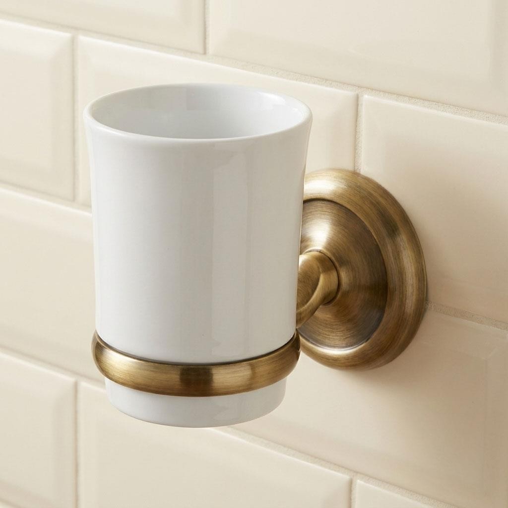 Ceramics Toothbrush Cup Holder Wall Mounted Antique Brass with Mug