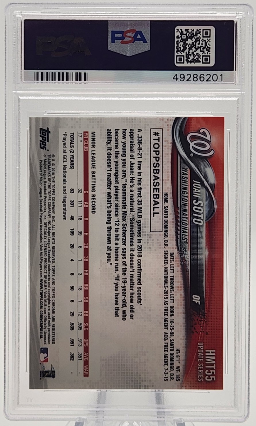 Juan Soto 2018 Topps Chrome Update Rookie PSA 10 Gem Mint #HMT55 view 2