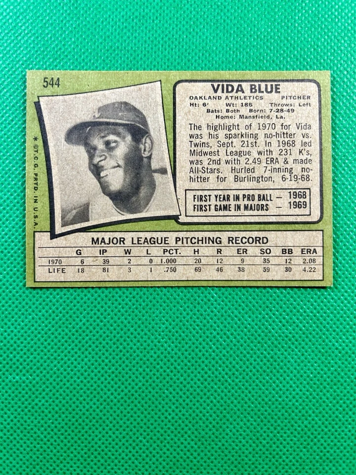 1971 Topps #544 Vida Blue Oakland Athletics gama alta casi nuevo-como nuevo B71#544A1 Foto 2 de 2