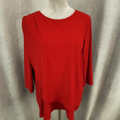 Clara Sun Woo Too Womens Size Large Red Layered Stretchy 3/4 Sleeve Blouse Tunic