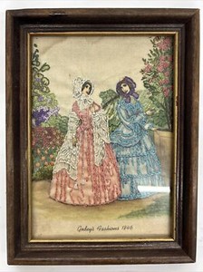 Antique Framed Godey's Fashions 1846 Embroidery On Lithographed Design On Fabric
