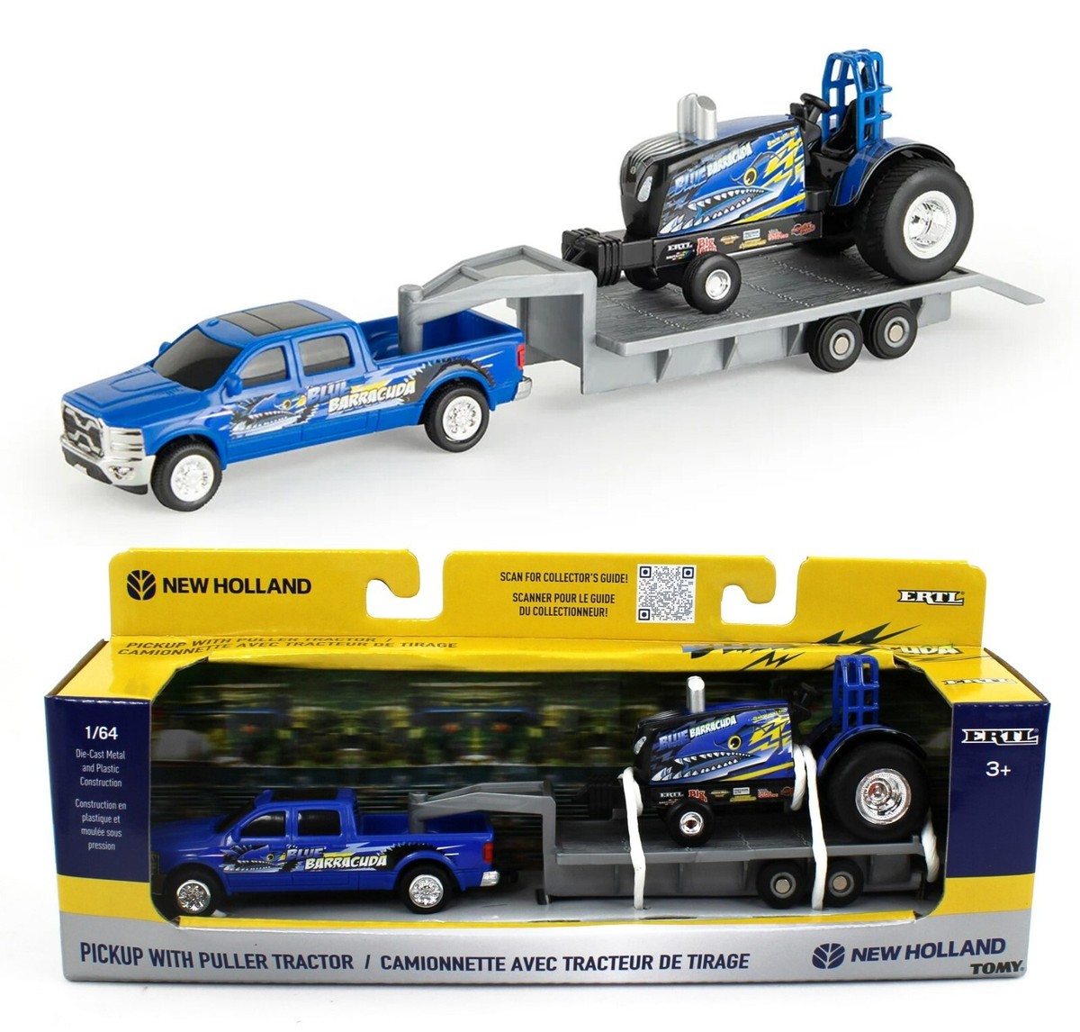 2024 ERTL 1:64 NEW HOLLAND *BLUE BARRACUDA* Pulling Tractor Set w