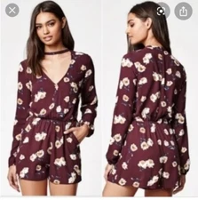 Holiday Burgundy Kendall And Kylie Floral Long Sleeve Choker Romper XS, S