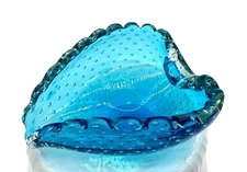 Italian Blue Murano Heart Shaped Dish Bullicante Controlled Bubbles 5.5" x 5"