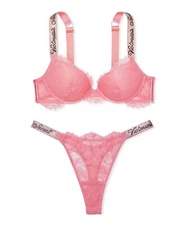 Victoria’s Secret Shine Strap Very Sexy Lace Push-Up Bra Thong Set Pink Roses