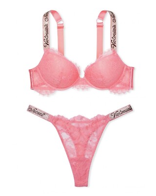 Victoria s Secret Shine Strap Very Sexy Lace Push-Up Bra Thong Set Pink Roses
