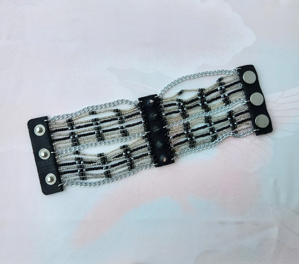 Handmad Rocker Biker Punk Cuff Bracelet "Black Riot" Gothic Chains and Spikes - Image 3 of 4