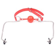 Breathable Ball Gag with Nipple Clamps Leather Strap for Bondage BDSM Lingerie