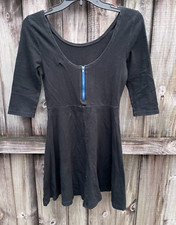 Womens Mini Express Black 3/4 Sleeve Fit & Flare Dress Scoop Neck zip front XS
