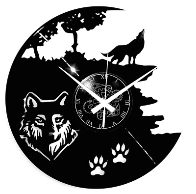 Vinyl Wanduhr - Wolf Holz Jagd Dekoration Haus Geschenk 