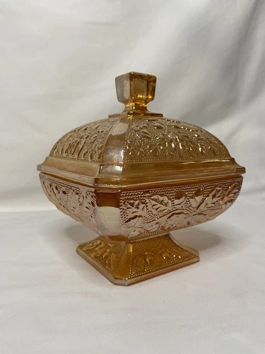Vtg Jeanette Amberina Square Pedestal Candy Dish w/Lid Acorn Pattern Iridescent