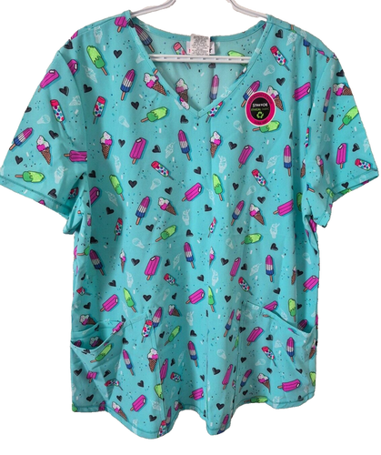Women XL Graphic Scrub Top Work Nurse Teal Ice Cream Pockets S Sleeve Stretch