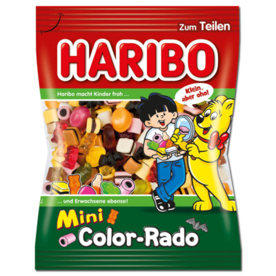 (8,06 /1kg) Haribo Mini Color-Rado, Fruchtgummi, Lakritz, 160g Beutel