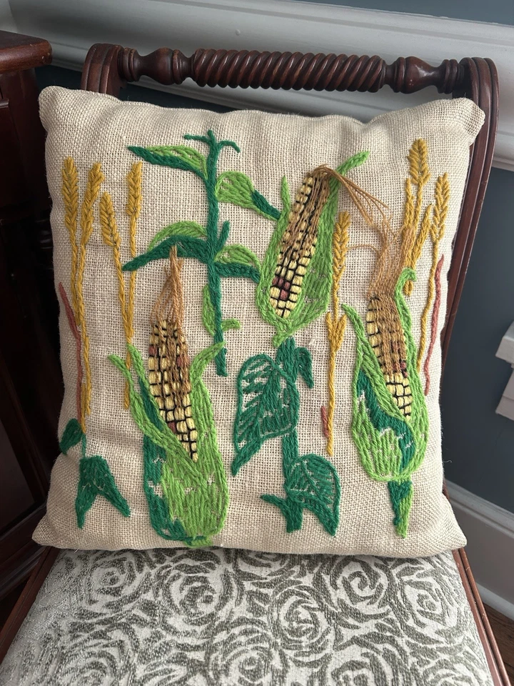 Handsewn Crewel Embroidered Corn Pillow Feed Sack Pillow Cover 15" x 17" - Image 2 of 4