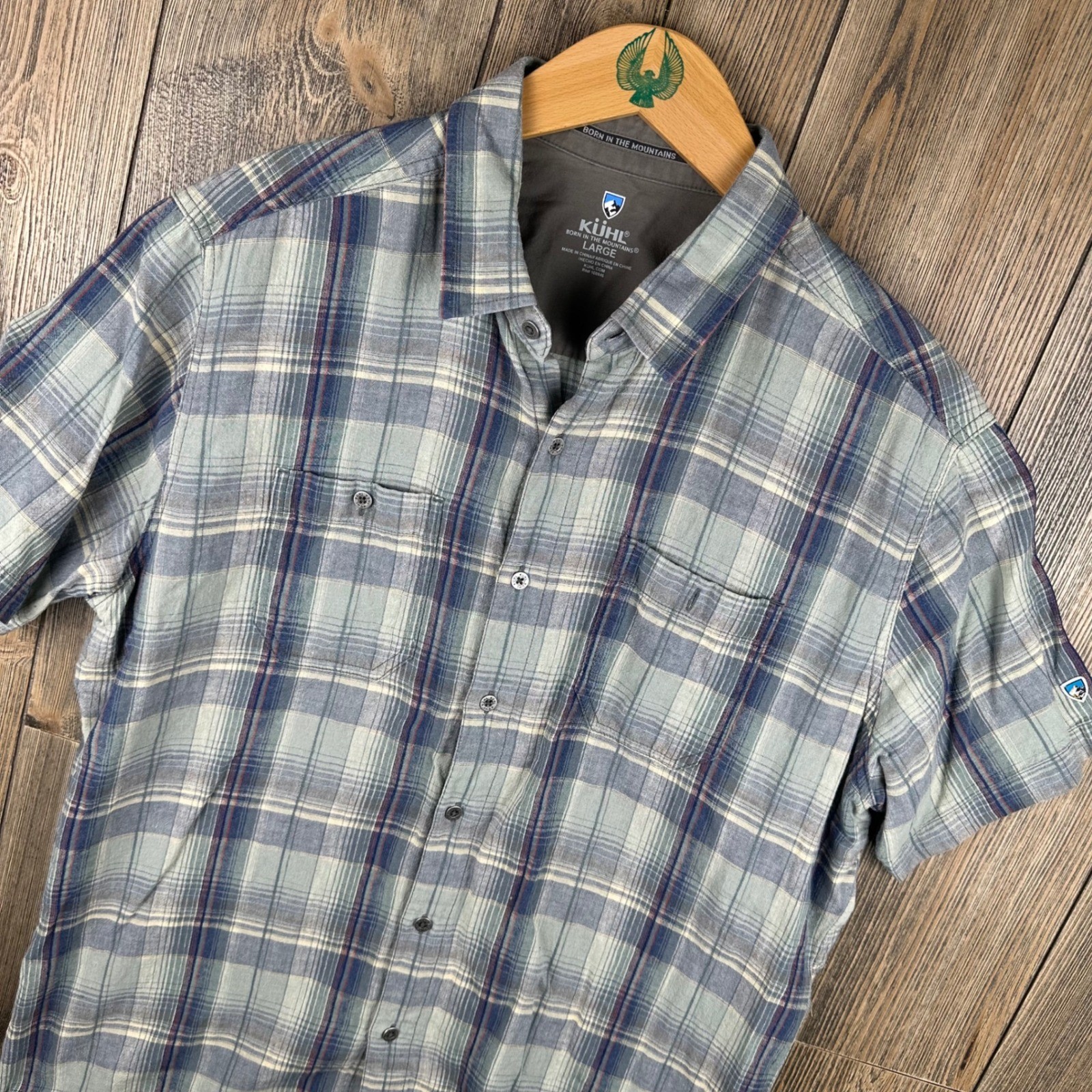 Kuhl Skorpio Men Blue Plaid Linen Cotton Short Sleeve Button Up Shirt 7218 Large