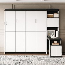 Queen Size Wood Murphy Wall Bed with Desk and Storage Shelves and Cabinets White