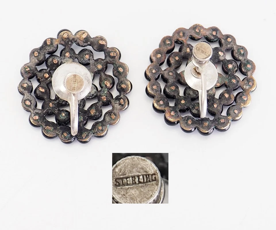 Antico Onice Nera Rotondo a Pavé Argento Sterling Vite Retro Orecchini - Immagine 3 di 3