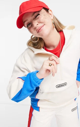 OFF WHITE Felpa con cappuccio Adidas Originals retrò pile blu bianco sporco taglia UK 10