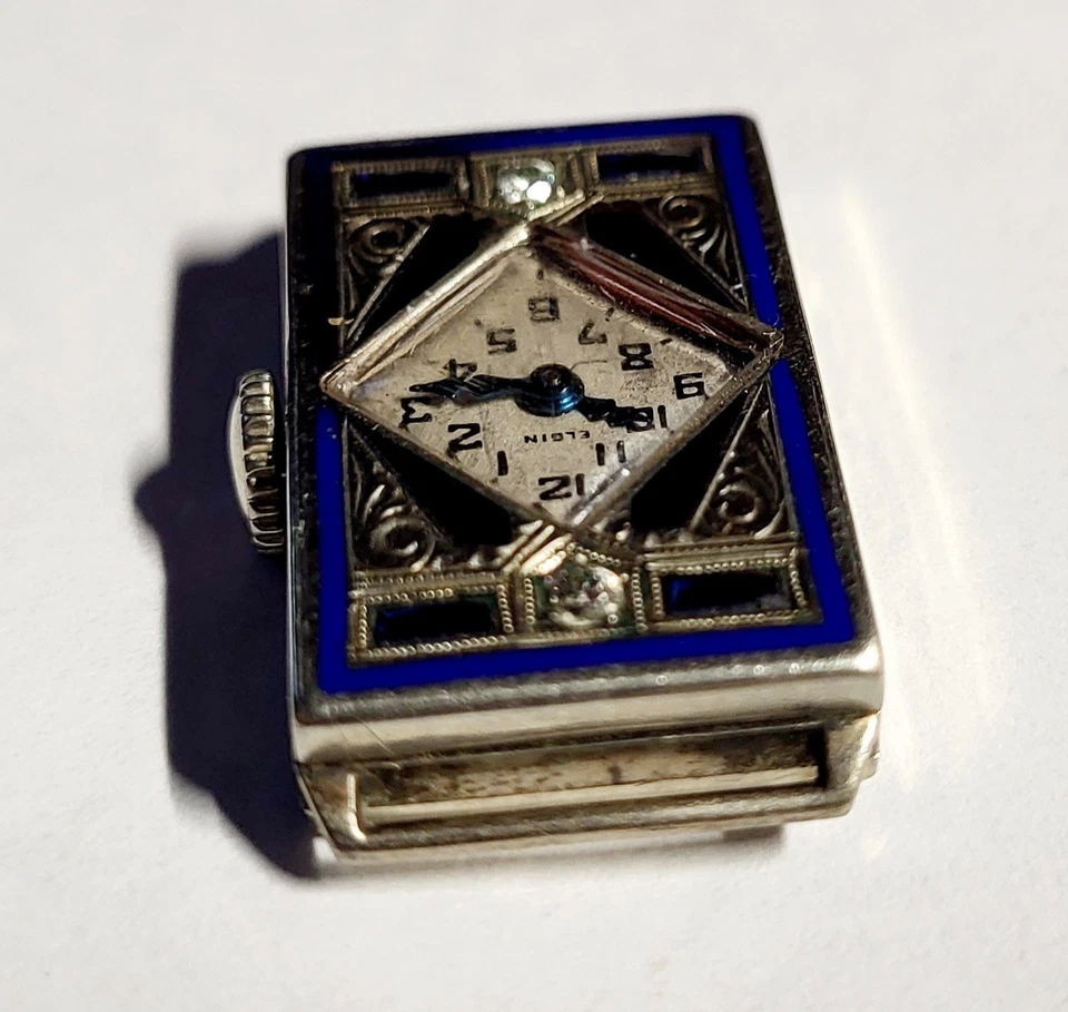 Antique Elgin Art Deco White Gold Enamel Women's Wrist Watch - Image 2 of 4