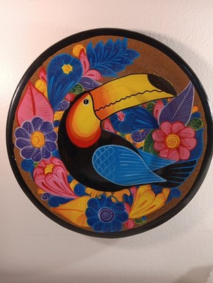 Vtg. 12 In. Handpainted, Tonal Art  Pottery Wall Plate, Toucan Design.  Marked.