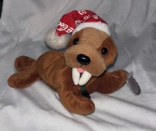 Vintage Coca Cola seal with christmas hat while holding coke Beanie plush W Tag