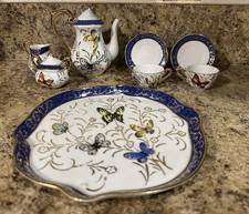 Andrea By Sadek Mini Porcelain Tea Set 10 Pc Butterfly Cobalt Blue Gold Trim