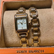 Tory Burch Women's Wristwatch Gold Metal Bracelet Rectangle White Dial 3 ATM Box