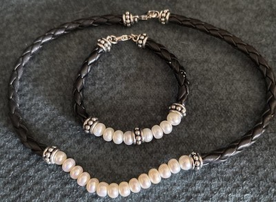 Honora White Pearl Black Leather Sterling Silver Necklace & Bracelet Set 