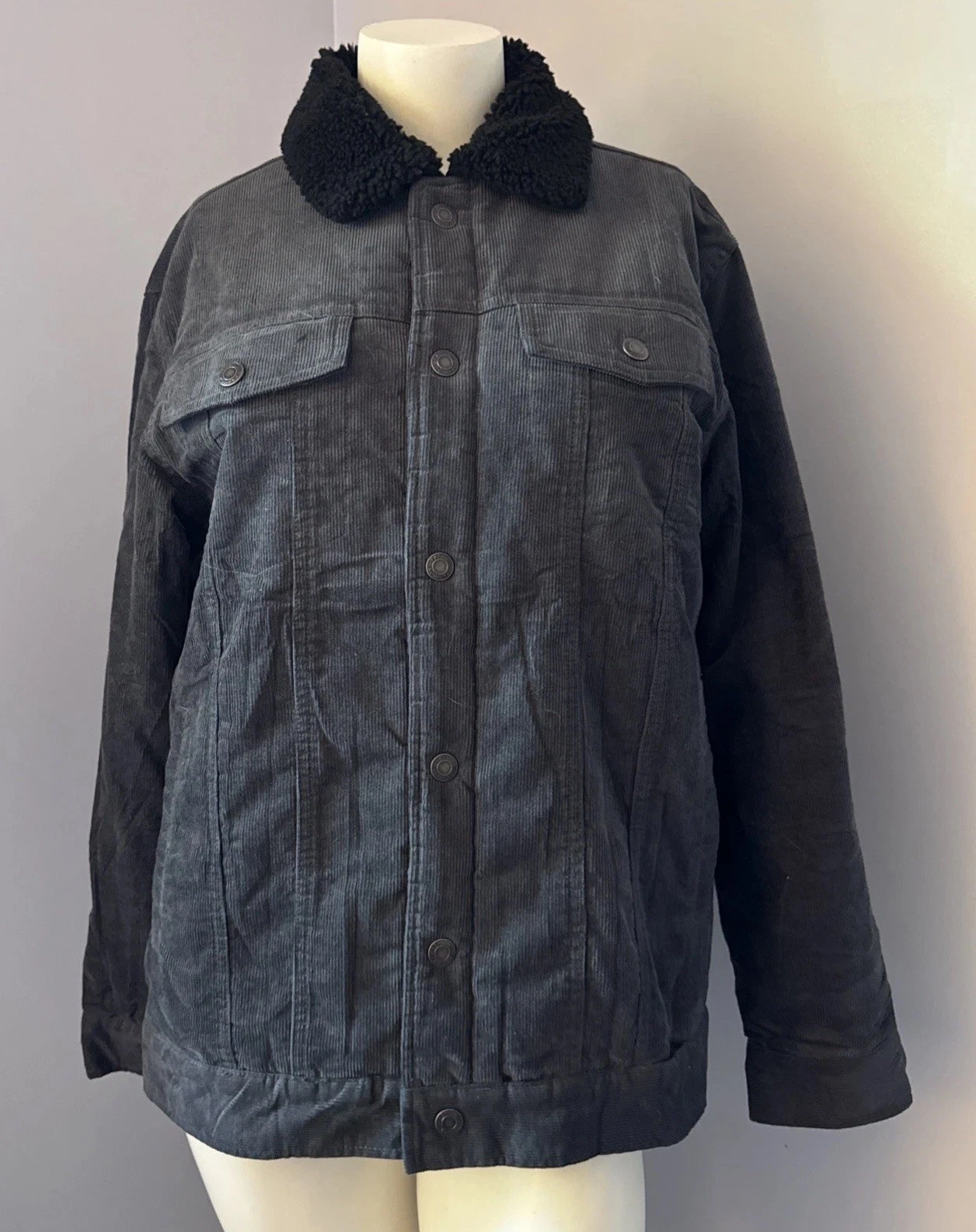Outdoor Jacket Black Cord Unisex Trucker Jacket Sherpa Fleece Pockets Snaps