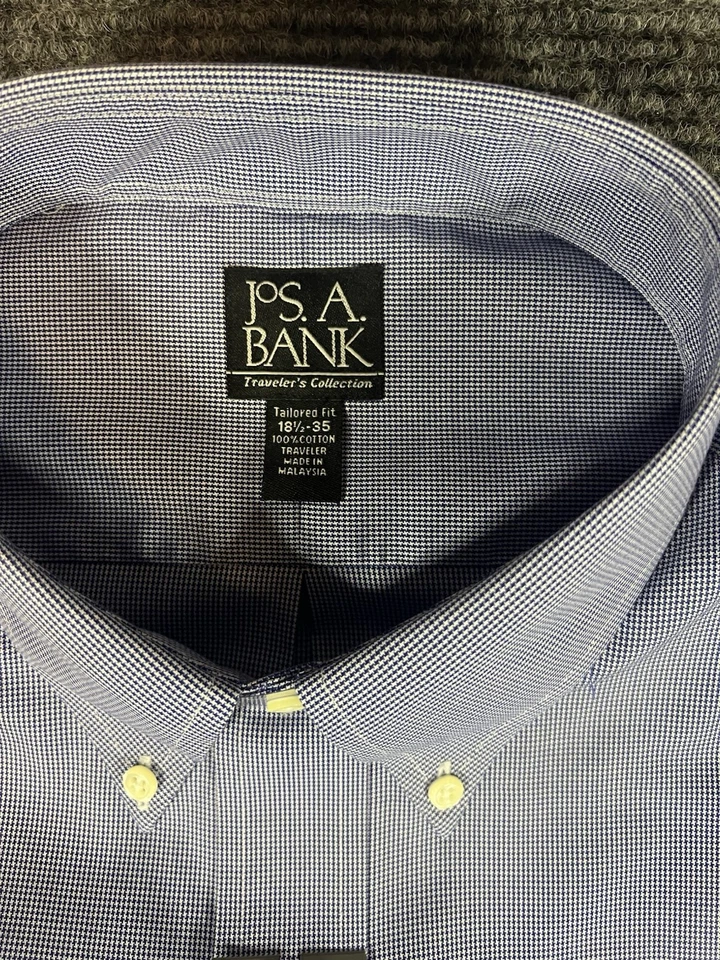 Jos A Banks NWT Long Sleeve Blue Checkered Button Down Shirt 18 1/2-35 Traveler - Image 2 of 4