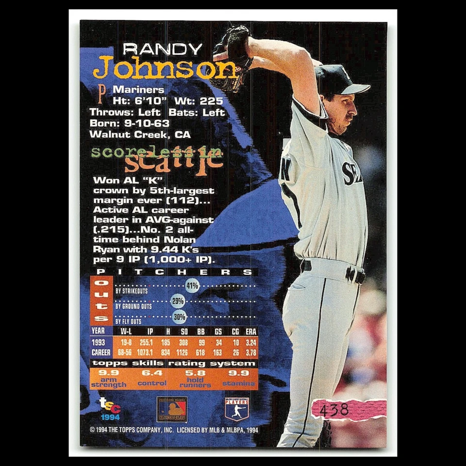 Randy Johsnon #438 1994 Topps Stadium Club Seattle Mariners Baseball Card MLB NM - Image 2 of 3