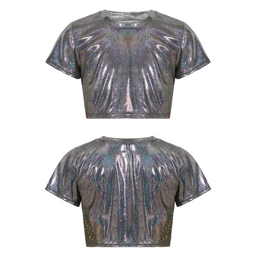 Kid Girls Boys Shiny T-Shirts Short Sleeve Dance Crop Top Jazz Hip Hop Dancewear - Picture 6 of 36