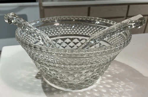 Vintage Anchor Hocking Wexford Glass Salad Serving Bowl 9.5”, Spoon, Fork Set