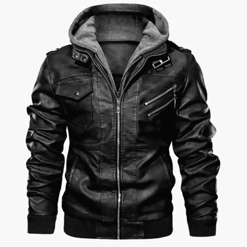 Men Hooded Leather Jackets Slim Casual Leather Coats Fashion