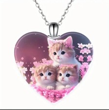 Cute Pink 3 Little Kittens Pattern Love Crystal Pendant Necklace Birthday Gift