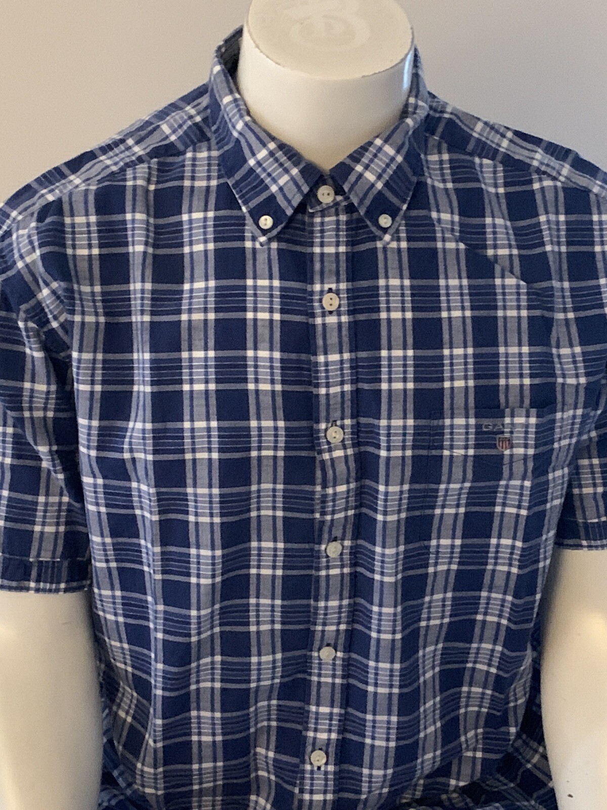 GANT Shirt Size XL X Large Men's Blue Check Regular Fit Cotton Short