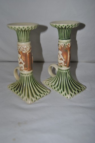 Roseville Donatello Cherubs Candles Sticks With Loop Handle Nice Dark Colors - Picture 6 of 10