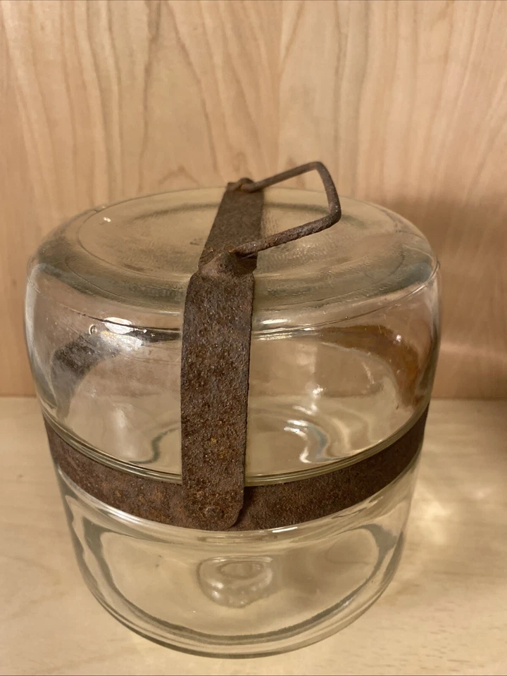 Vintage kerosene Bottle Glass jar Rusty Metal Strapped With Handle F.C - Image 4 of 4
