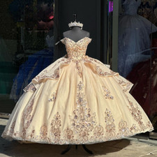 Gold Sequin Quinceanera Dresses Beaded Off Shoulder Sweet 15 Party Ball Gowns