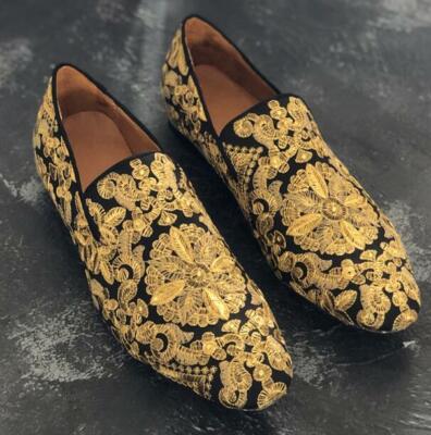 Mens Boho Leather Shoes Embroidery Dress Flower Wedding Loafer Cocktail Handmade