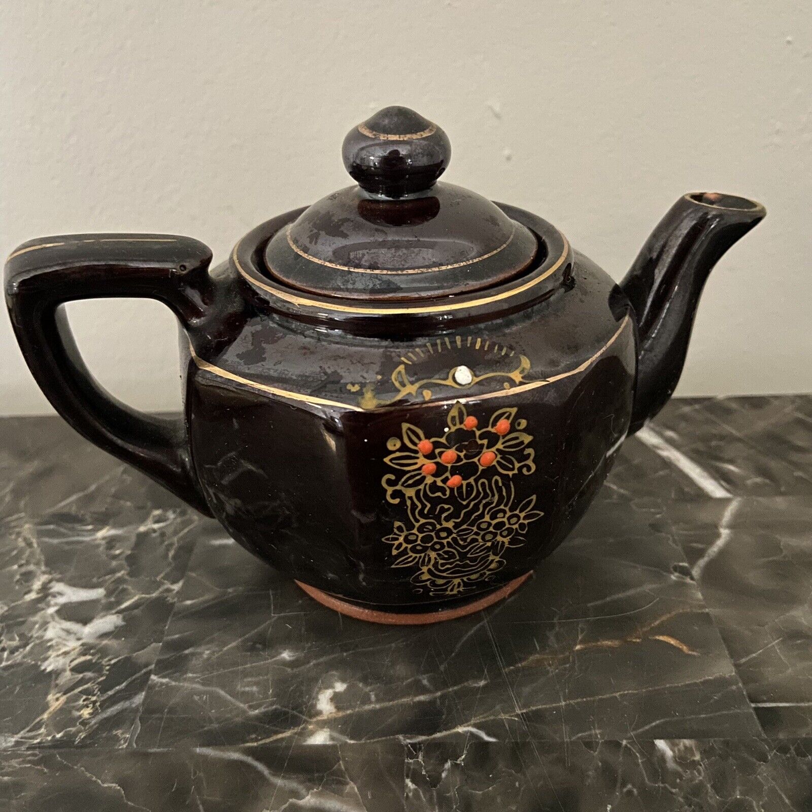 Vintage Brown Betty Redware Teapot  Moriage Enamel Hand Painted Made In Japan