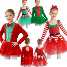 Girls Christmas Elf Costume Ballet Dance Tutu Dress Stripes Santa Cosplay Dress