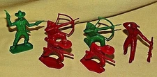 COWBOYS INDIANS RED GREEN PLASTIC 6 PC TIM-MEE TOY UNMARKED RIFLE GUN BOW ARROW.