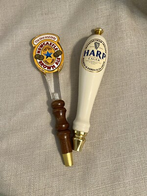 Set Of 2 Castle Brown Ale Acrylic/Wood Beer Tap Handle & Ceramic Harp Tap Handle