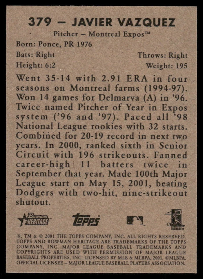 2001 Bowman Heritage #379 Javier Vazquez - Image 2 of 2