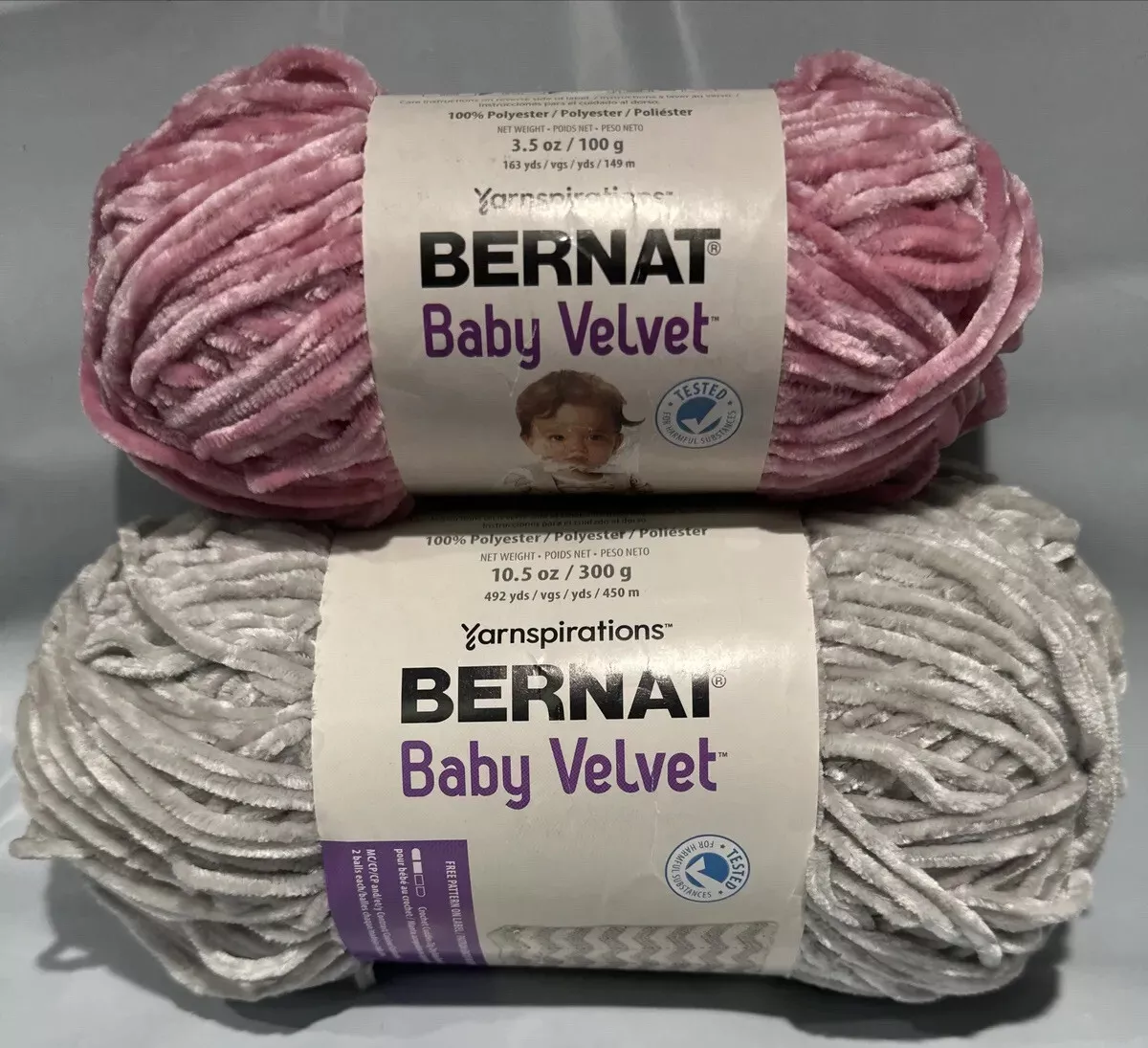 2 BERNAT BABY VELVET 1 in MISTY GRAY 492yds/10.5oz & 1 PINK MIST