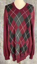 Club Room Burgundy Argyle 100 Cashmere V Neck Sweater sz XL 11307