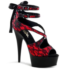 PLEASER Sexy Red & Black Lace Platform 6" High Heels Shoes DEL678LC/RSA/B